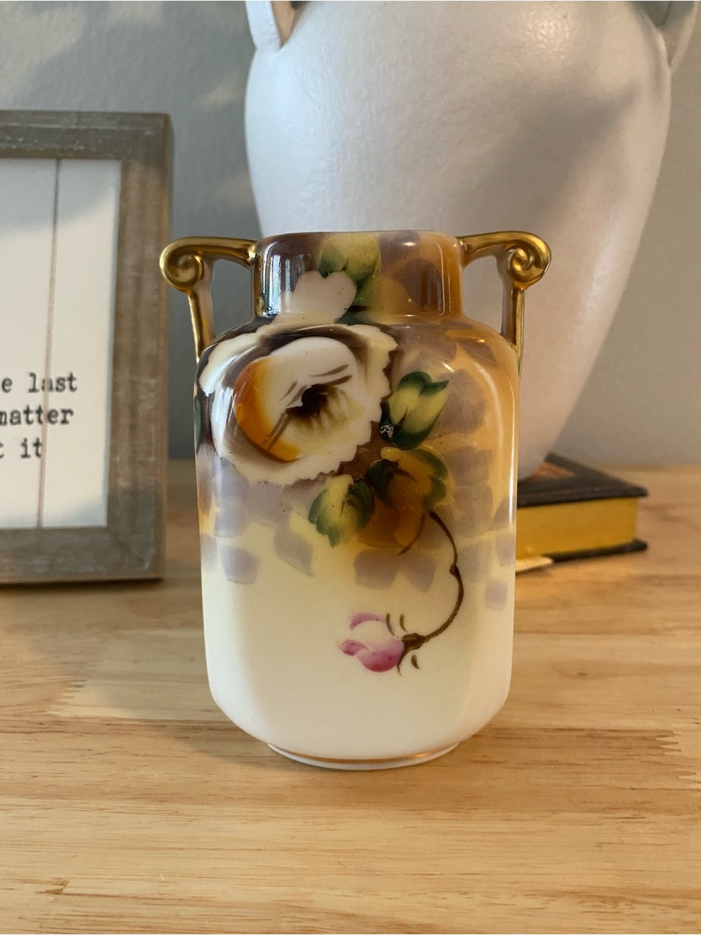 Nippon Hand-Painted Floral Ceramic Vase in Cream, Gold and Green